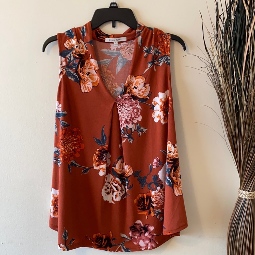 Burnt Orange & Earth-Tone Floral Sleeveless Blouse